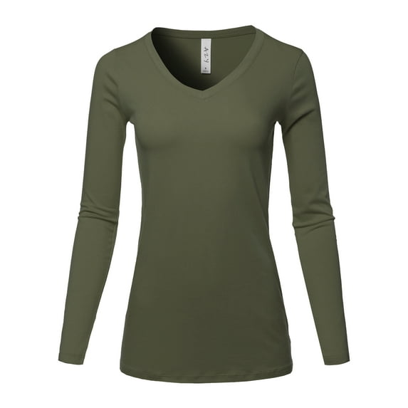 A2Y Women's Basic Solid Soft Cotton Long Sleeve V-neck Top T-shirt Dark Olive M