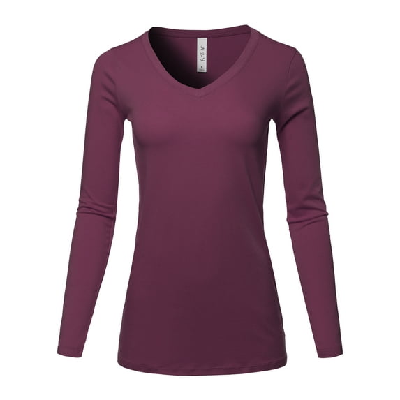 A2Y Women's Basic Solid Soft Cotton Long Sleeve V-neck Top T-shirt Dark Plum S