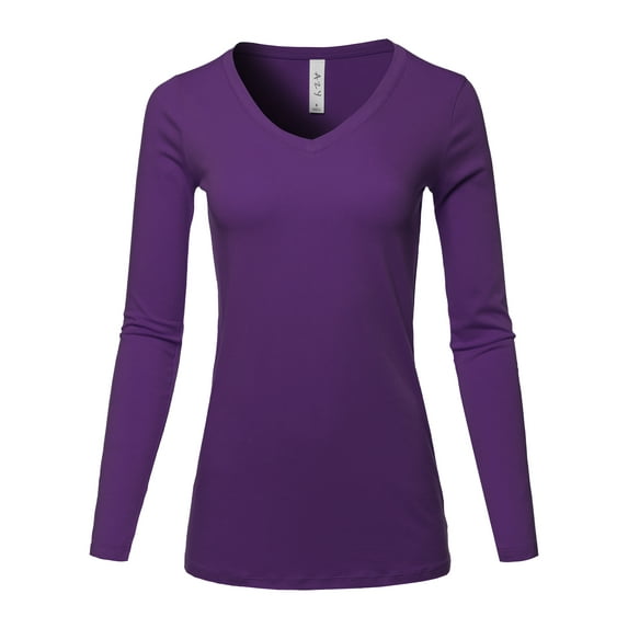 A2Y Women's Basic Solid Soft Cotton Long Sleeve V-neck Top T-shirt Dark Purple XL