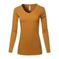 thumbnail image 1 of A2Y Women's Basic Solid Soft Cotton Long Sleeve V-neck Top T-shirt Desert Mustard 1XL, 1 of 3