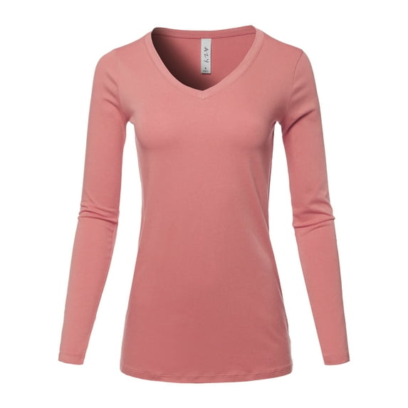A2Y Women's Basic Solid Soft Cotton Long Sleeve V-neck Top T-shirt Dusty Rose 3XL
