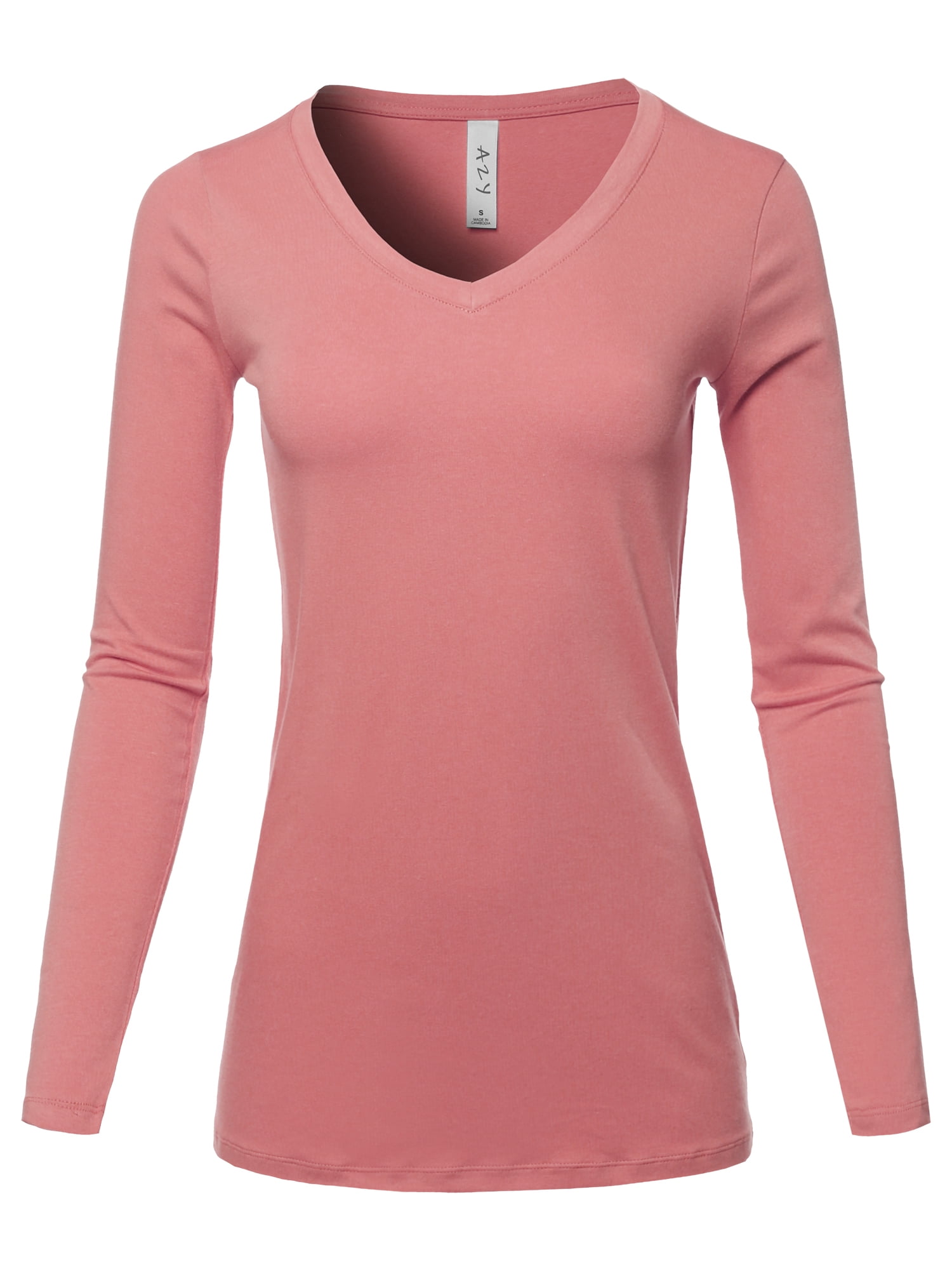 A2Y Women's Basic Solid Soft Cotton Long Sleeve V-neck Top T-shirt