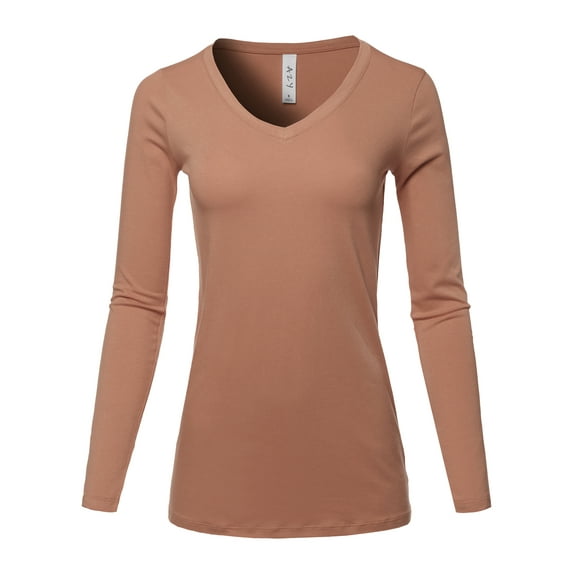 A2Y Women's Basic Solid Soft Cotton Long Sleeve V-neck Top T-shirt Eggshell M