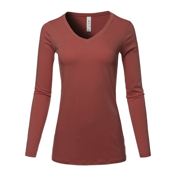 A2Y Women's Basic Solid Soft Cotton Long Sleeve V-neck Top T-shirt Fired Brick 1XL