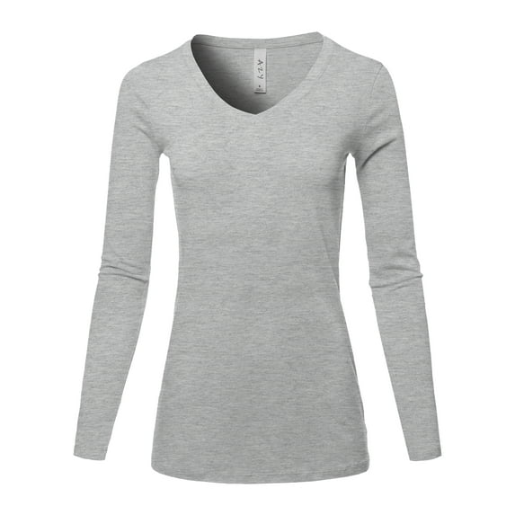 A2Y Women's Basic Solid Soft Cotton Long Sleeve V-neck Top T-shirt Heather Grey 1XL