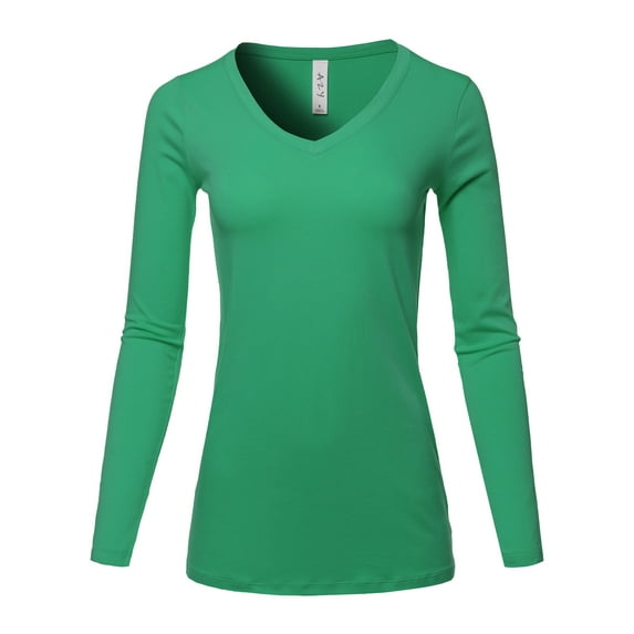 A2Y Women's Basic Solid Soft Cotton Long Sleeve V-neck Top T-shirt Kelly Green XL