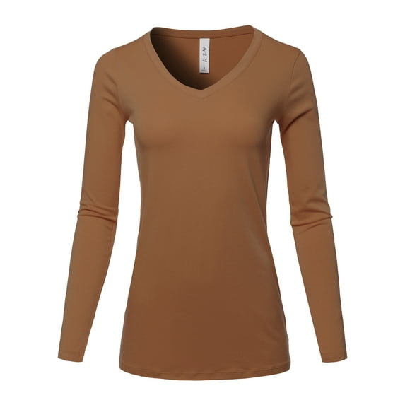 A2Y Women's Basic Solid Soft Cotton Long Sleeve V-neck Top T-shirt Light Brown 3XL