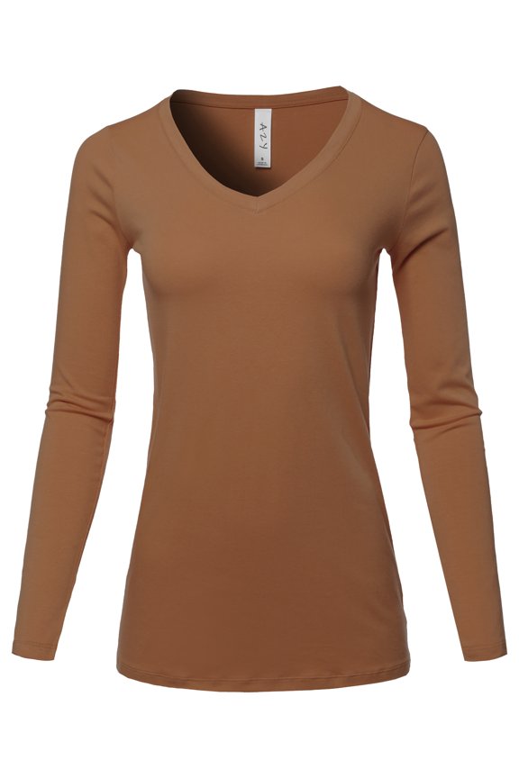 Women's Basic Solid Soft Cotton Long Sleeve V-neck Top T-shirt Light Brown L