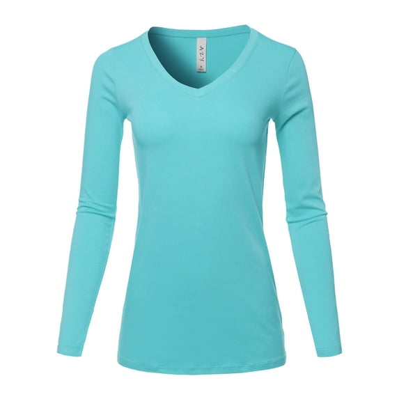 A2Y Women's Basic Solid Soft Cotton Long Sleeve V-neck Top T-shirt Milky Blue S
