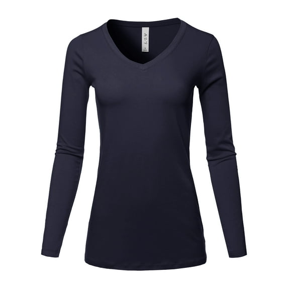 A2Y Women's Basic Solid Soft Cotton Long Sleeve V-neck Top T-shirt Navy S