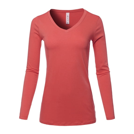 A2Y Women's Basic Solid Soft Cotton Long Sleeve V-neck Top T-shirt Rose S