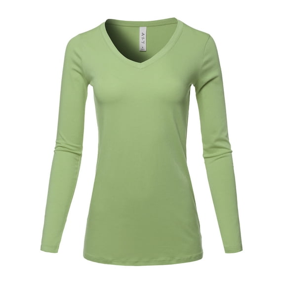 A2Y Women's Basic Solid Soft Cotton Long Sleeve V-neck Top T-shirt Sage 1XL