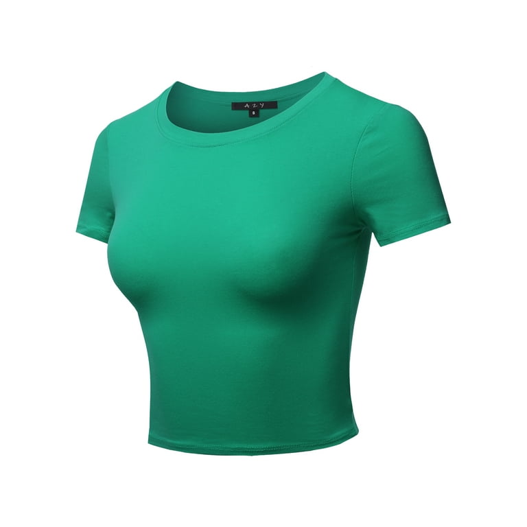 A2Y Women's Basic Solid Stretchable Crew Neck Short Sleeve Crop Top Green L  