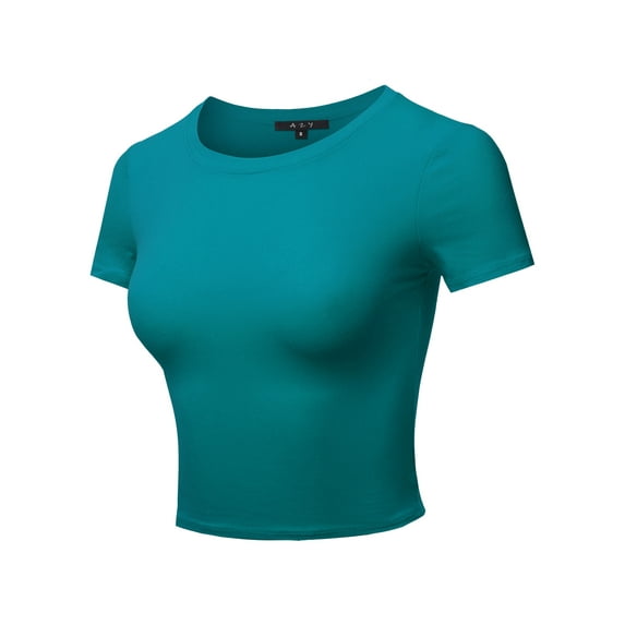 A2Y Women's Basic Solid Stretchable Crew Neck Short Sleeve Crop Top Jade Green S