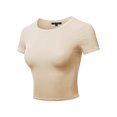 thumbnail image 1 of A2Y Women's Basic Solid Stretchable Crew Neck Short Sleeve Crop Top Oatmeal M, 1 of 3