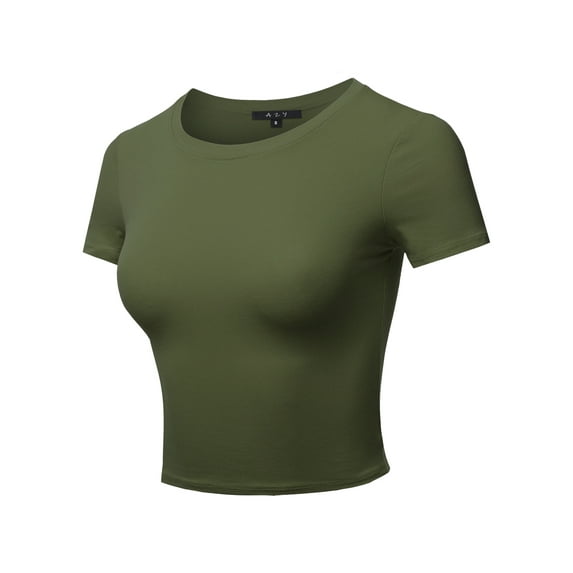 A2Y Women's Basic Solid Stretchable Crew Neck Short Sleeve Crop Top Smoky Olive M