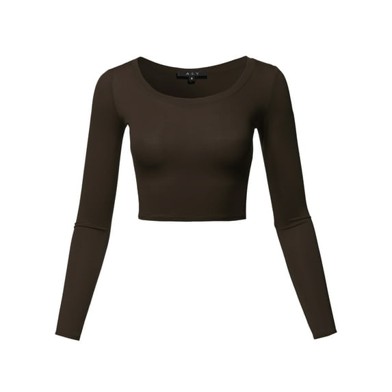 A2Y Women's Basic Solid Stretchable Scoop Neck Long Sleeve Crop Top Brown M