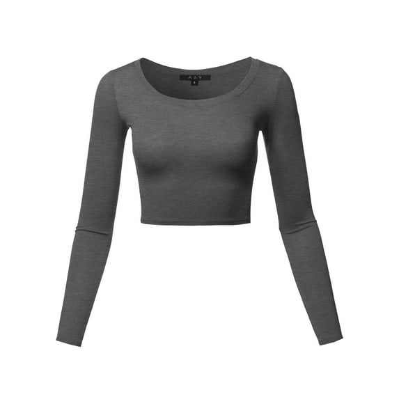A2Y Women's Basic Solid Stretchable Scoop Neck Long Sleeve Crop Top Charcoal M
