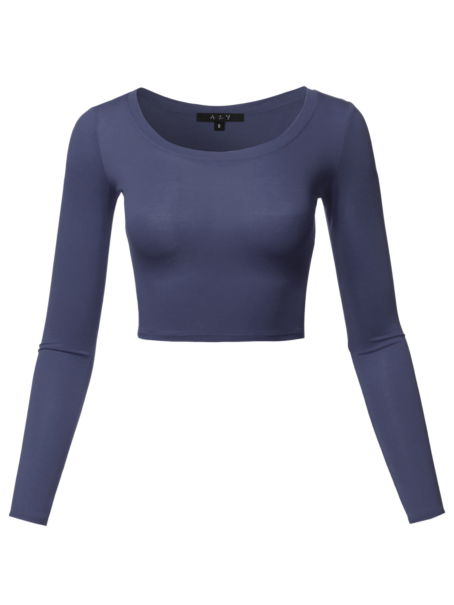 A2Y Women's Basic Solid Stretchable Scoop Neck Long Sleeve Crop