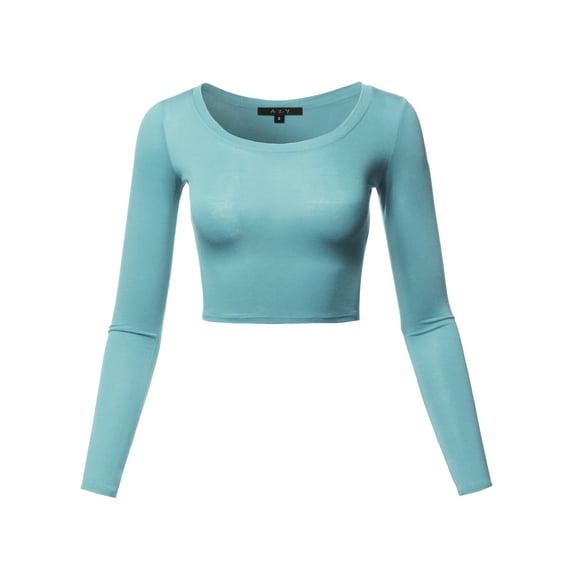 A2Y Women's Basic Solid Stretchable Scoop Neck Long Sleeve Crop Top Dusty Blue S
