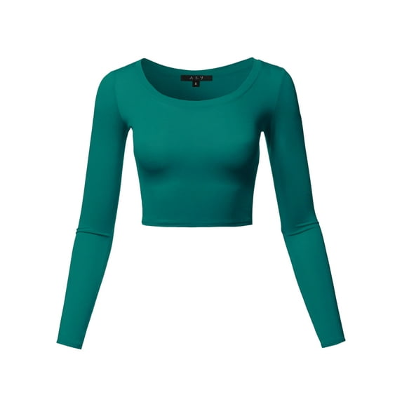 A2Y Women's Basic Solid Stretchable Scoop Neck Long Sleeve Crop Top Jade L