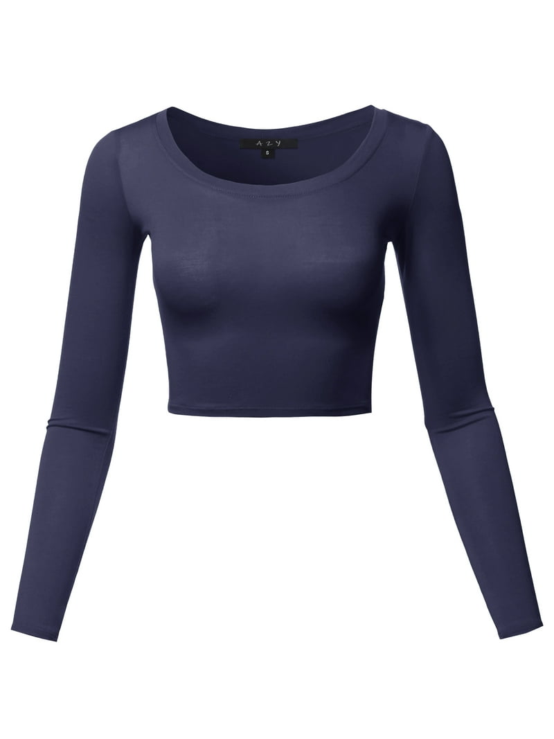 A2Y Women's Basic Solid Stretchable Scoop Neck Long Sleeve Crop
