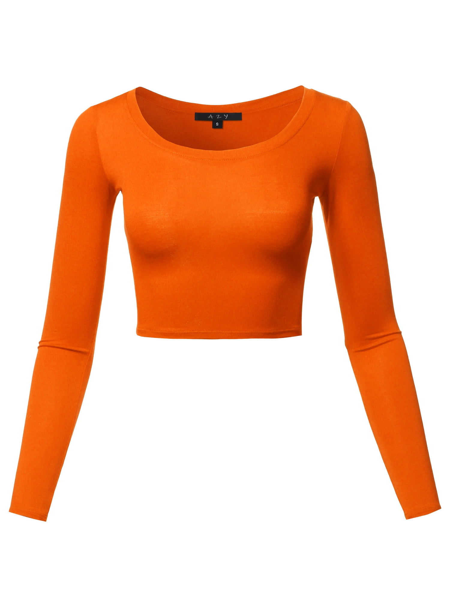 A2Y Women's Basic Solid Stretchable Scoop Neck Long Sleeve Crop Top Orange S