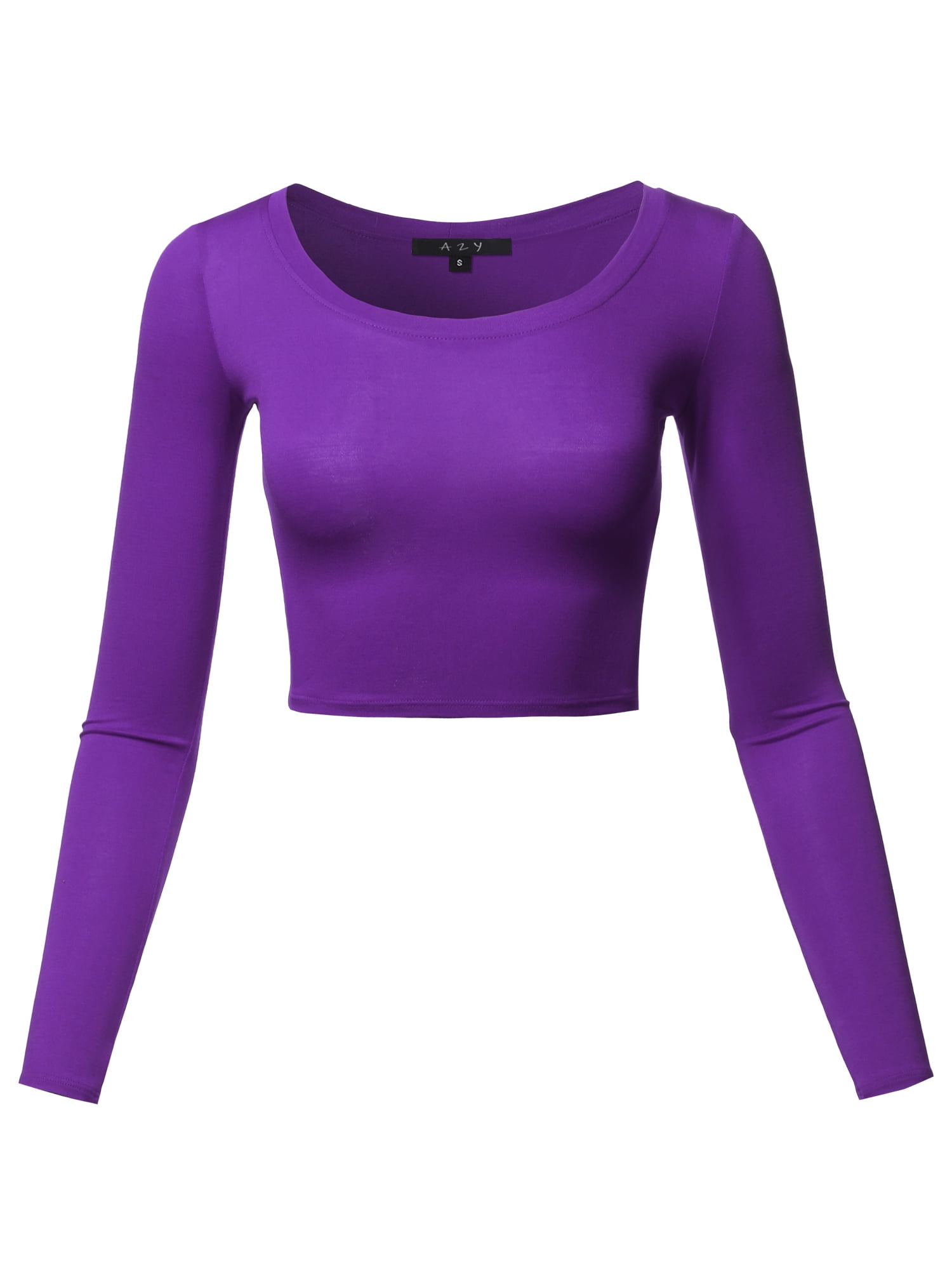 A2Y Women s Basic Solid Stretchable Scoop Neck Long Sleeve Crop Top Purple M