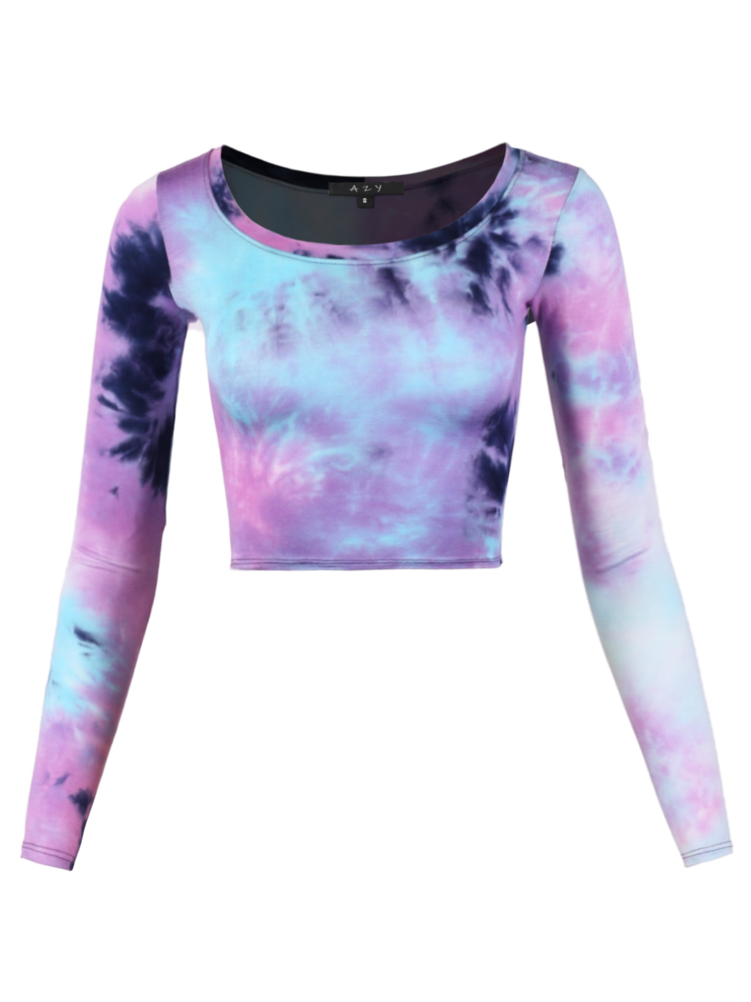 A2Y Women's Basic Solid Stretchable Scoop Neck Long Sleeve Crop Top Tie-dye  Blue XL 