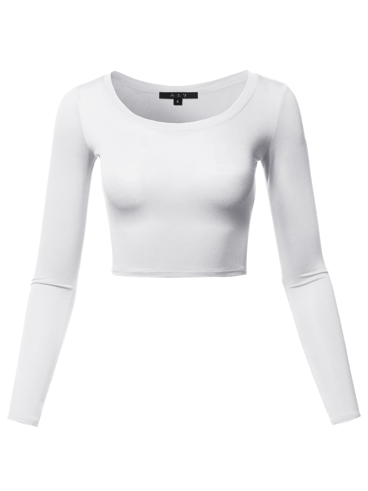 A2Y Women's Basic Solid Stretchable Scoop Neck Long Sleeve Crop Top White M