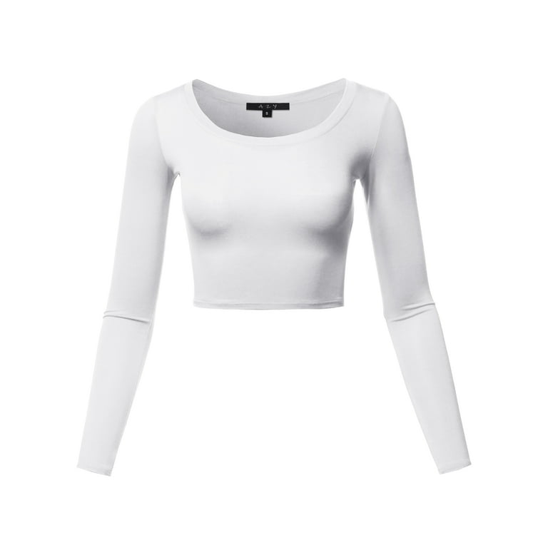 A2Y Women's Basic Solid Stretchable Scoop Neck Long Sleeve Crop