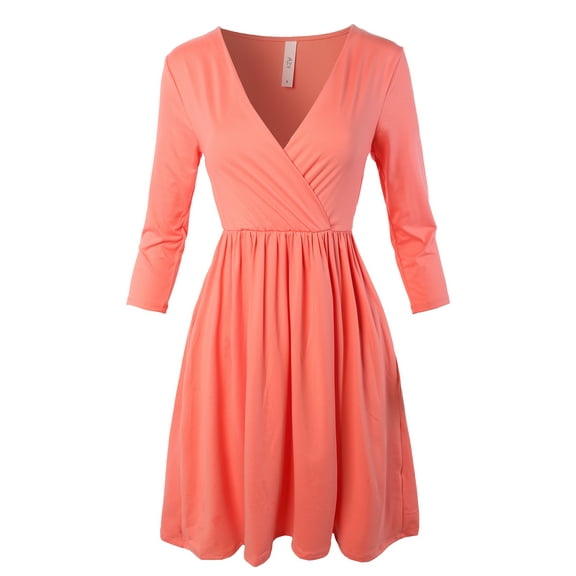 A2Y Women's Buttery Soft Pocket 3/4 Sleeve Wrap Deep V-Neck Surplice Dress Deep Coral S