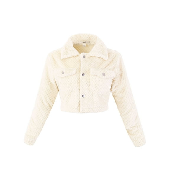 A2Y Women's Casual Cute Sherpa Fuzzy Two Pockets Button Closure Crop Jackets Cream L