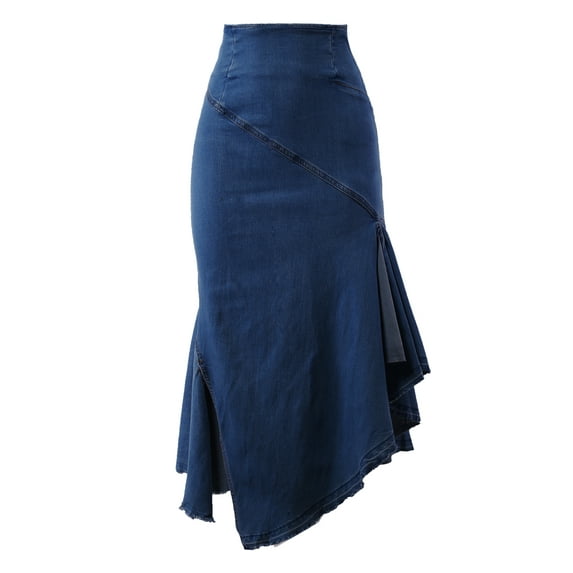 A2Y Women's Casual Rayon High Waist Back Zipper Denim Jean Long Skirts Dark Wash M