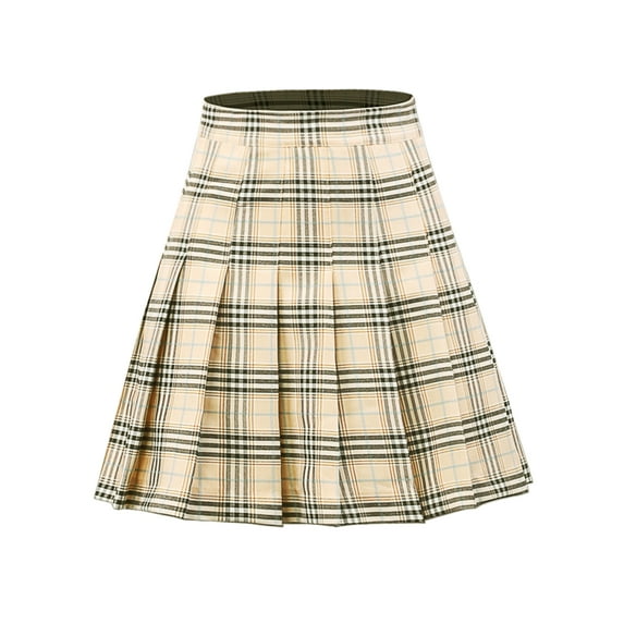A2Y Women's Check Plaid Print Zipper School Pleated Skirts Khaki S