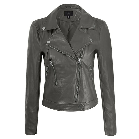 A2Y Women's Classic Vegan Leather Zip Up Rider Style Moto Biker Jacket Ash Grey XL