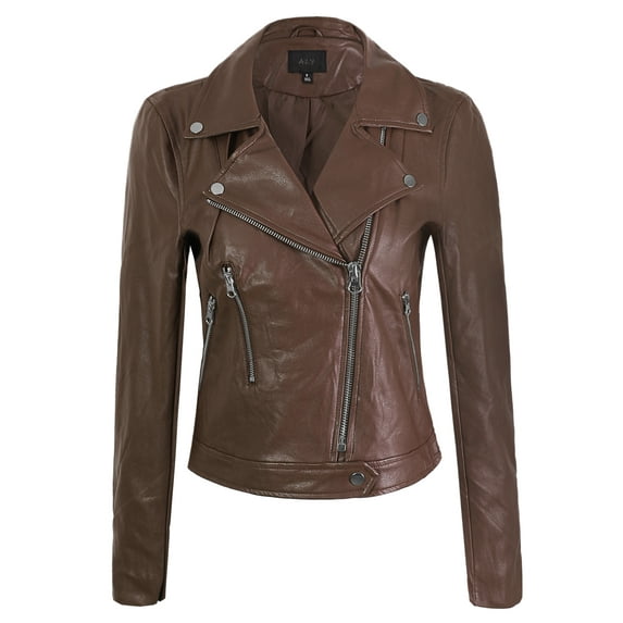 A2Y Women's Classic Vegan Leather Zip Up Rider Style Moto Biker Jacket Brown S