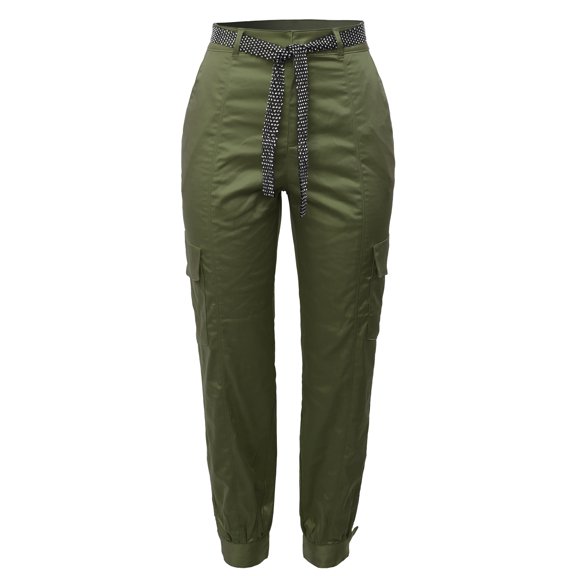 A2Y Women's Cotton Satin Rhinestone Belt Side Pocket High Rise Cargo Pants Olive S
