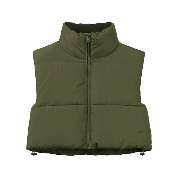 A2Y Women's Crop Lightweight Sleeveless Warm Padded Outerwear Puffer Vest Olive L
