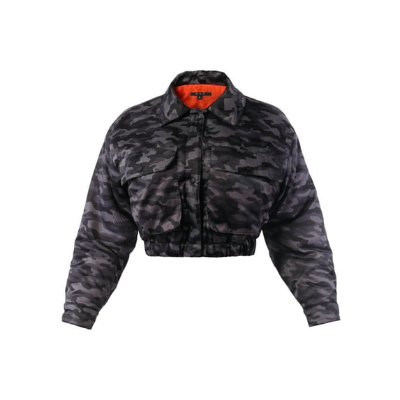 A2Y Women's Cropped Front Two Pocket Snap Quilted Padding Bomber Jacket Camo Grey M