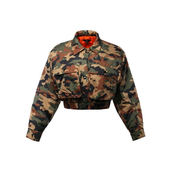 A2Y Women's Cropped Front Two Pocket Snap Quilted Padding Bomber Jacket Camo S