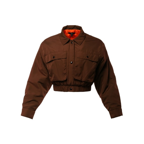 A2Y Women's Cropped Front Two Pocket Snap Quilted Padding Bomber Jacket Coffee S