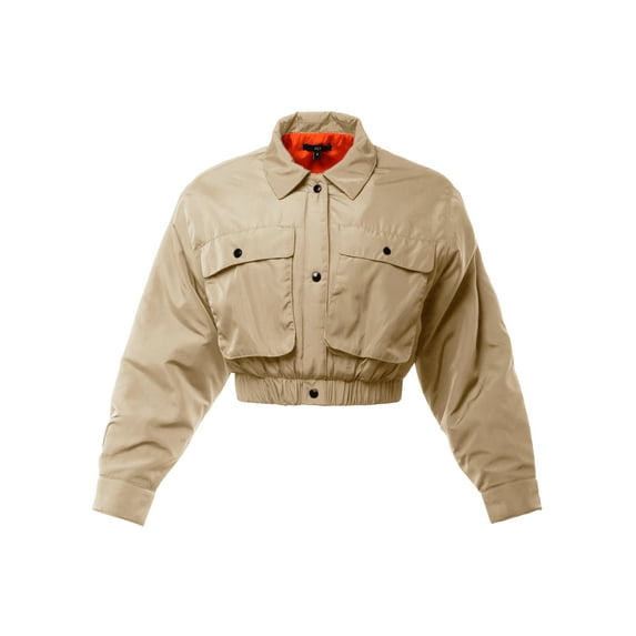 A2Y Women's Cropped Front Two Pocket Snap Quilted Padding Bomber Jacket Khaki M