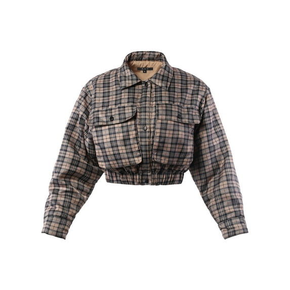 A2Y Women's Cropped Front Two Pocket Snap Quilted Padding Bomber Jacket Khaki Plaid L