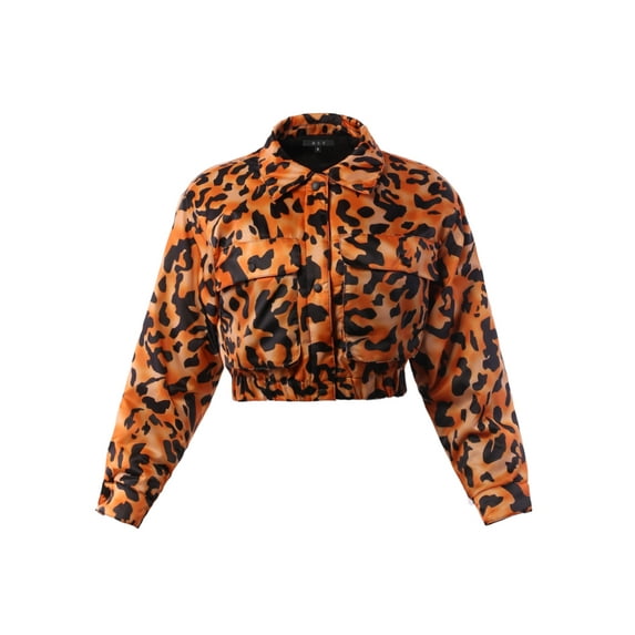 A2Y Women's Cropped Front Two Pocket Snap Quilted Padding Bomber Jacket Leopard Orange M