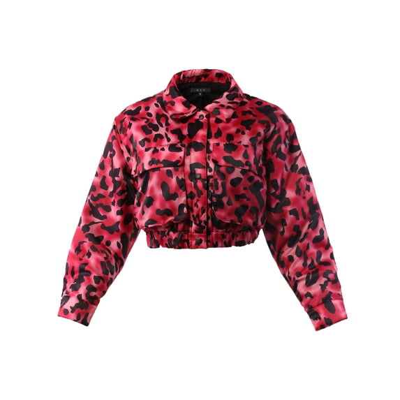 A2Y Women's Cropped Front Two Pocket Snap Quilted Padding Bomber Jacket Leopard Rose S