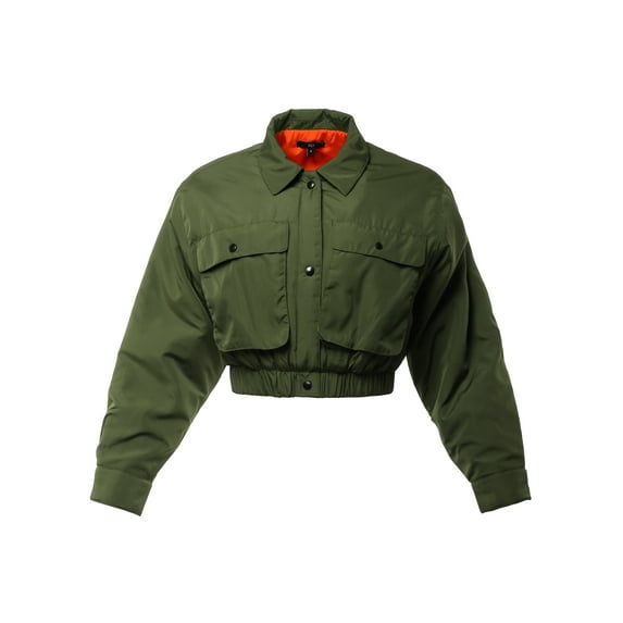 A2Y Women's Cropped Front Two Pocket Snap Quilted Padding Bomber Jacket Olive L