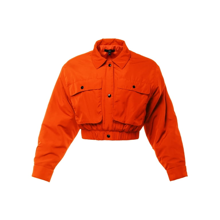 A2y Women s Cropped Front Two Pocket Snap Quilted Padding Bomber Jacket Orange L Size Large