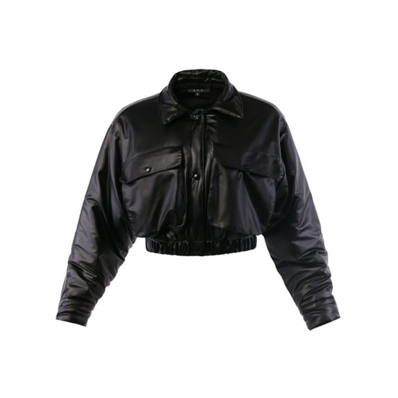 A2Y Women's Cropped Front Two Pocket Snap Quilted Padding Bomber Jacket PU Leather Black L