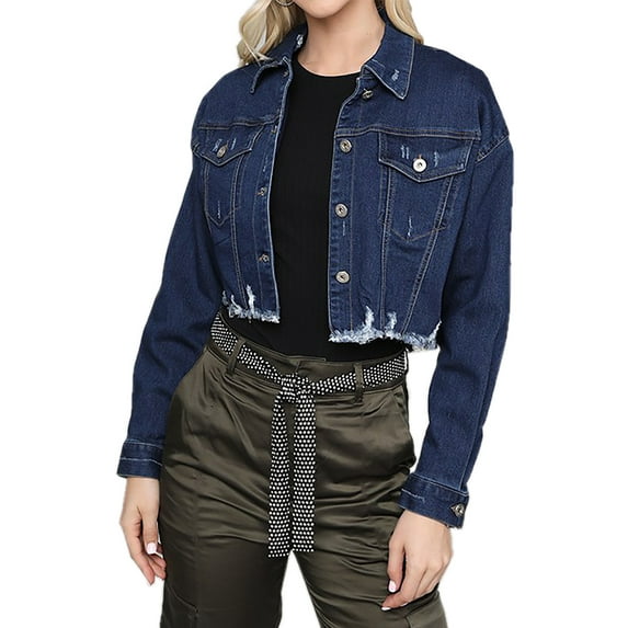 A2Y Women's Cropped Long Sleeve Button Down Denim Jackets Dark Wash S